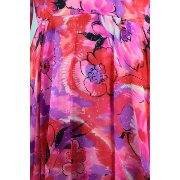 Vintage 1970s Red Pink Purple Chiffon Floral with Keyhole Cutout Small - Picture 4 of 10